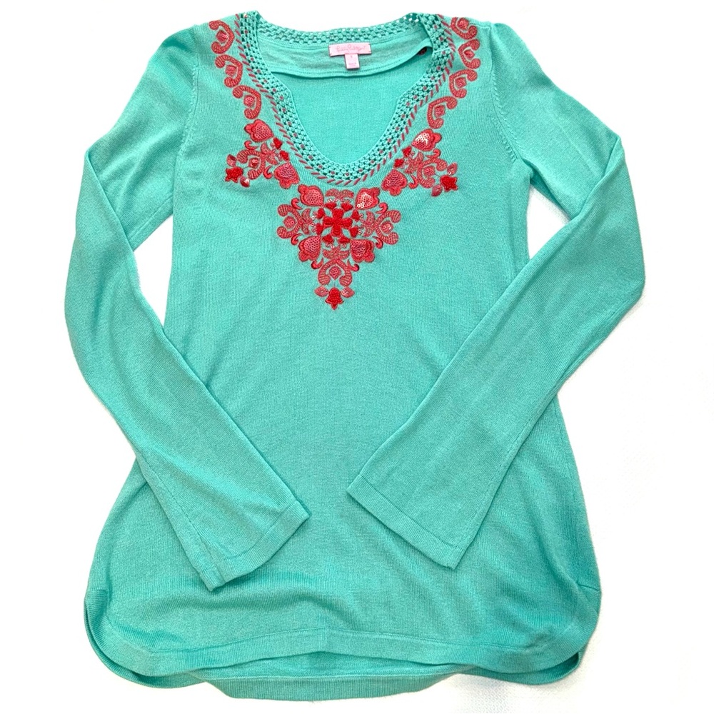Lilly Pulitzer April style 62771 coral on turquoise knit tunic long slv EUC sz S